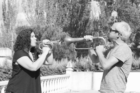 Trumpet, man, white, player, black, room, saxophone, people, female, playing, adult, male, play,...