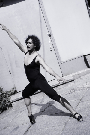 Ballet dancer man with black mallot and ballet tipsの写真素材