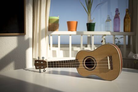 Natural wood ukulele. No peopleの写真素材