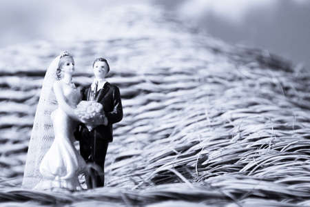 Standard figure of wedding couple on straw in a farm. No peopleの写真素材