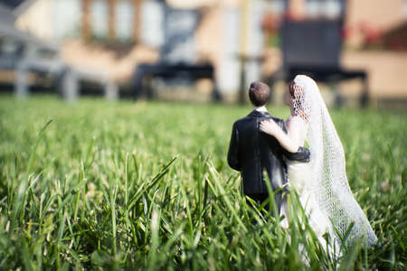 Standard figure of wedding couple on natural grass in the field. Out doorの写真素材