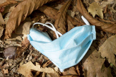 Used surgical mask lying on dry leaves in the field. Pollution in natureの写真素材