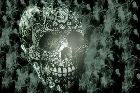 False bone skull on black background. Copy spaceの写真素材