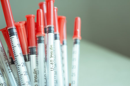 Set of syringes for injecting insulin. No peopleの写真素材