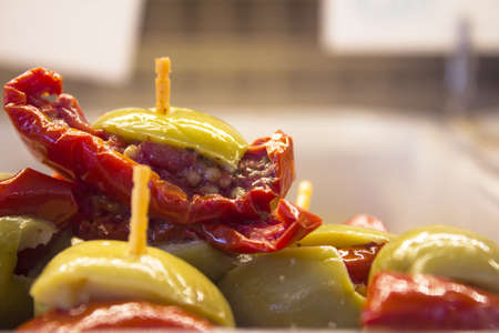 Olives with hot red pepper. No people. No copy spaceの写真素材