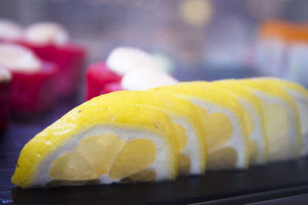 Fresh lemon cut into halves. No peopleの写真素材