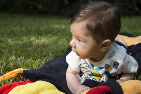 Two month old baby with head up on a towelの写真素材