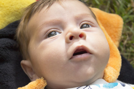 Two month old baby portrait. happy expressionの写真素材