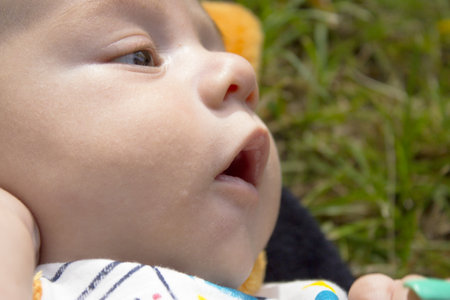 Two month old baby portrait. happy expressionの写真素材