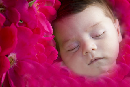 Sleeping baby surrounded by pink flowers. spring timeの写真素材