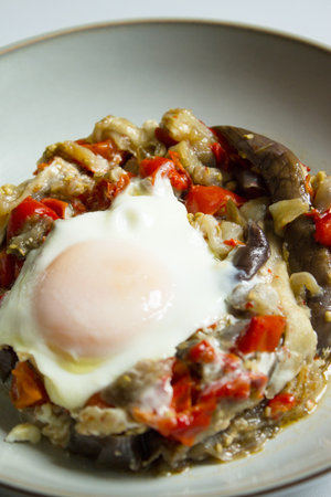 Cooked vegetables with poached eggs. no peopleの写真素材