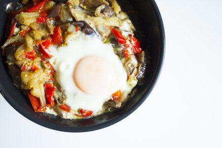 Cooked vegetables with poached eggs. no peopleの写真素材