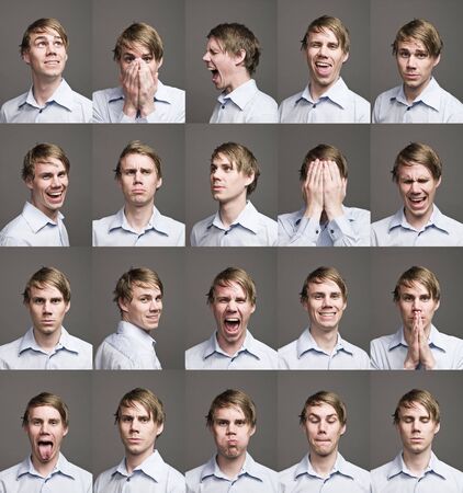 Twenty portraits of a man with different expressions