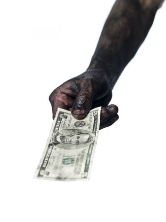Dirty hand and a five dollar bank-noteの写真素材