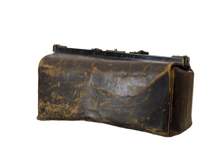 Worn down suitcase isolated on a white backgroundの写真素材