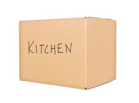 Closed Cardboard Box marked Kitchen isolated on white background