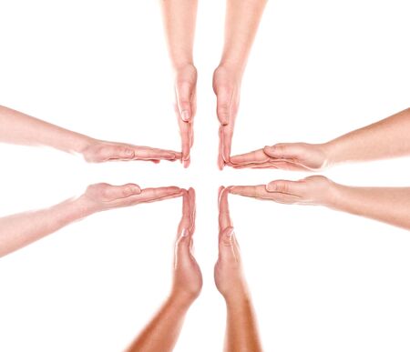 Formation of human hands isolated on white backgroundの写真素材