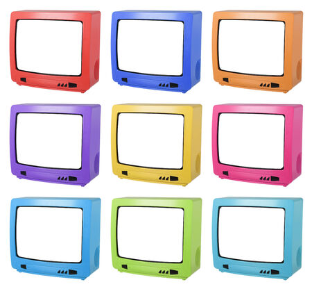 Collage of colored TV isolated on white の写真素材