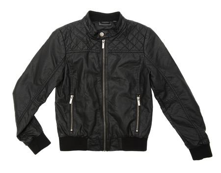 Black leather jacket isolated on white の写真素材