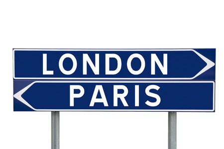 Blue Direction Signs with choice between London or Paris isolated on white backgroundの写真素材