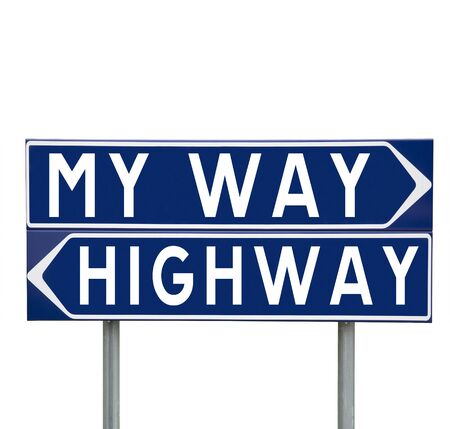 Blue Direction Signs with choice between My Way or the Highway isolated on white backgroundの写真素材