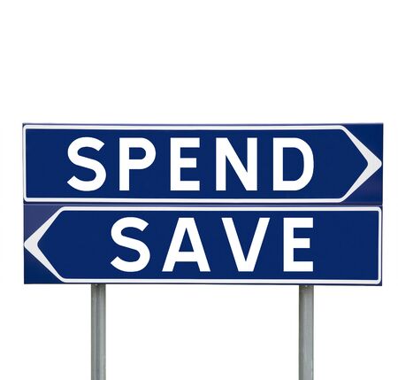Blue Direction Signs with choice between Spend or Save isolated on white backgroundの写真素材