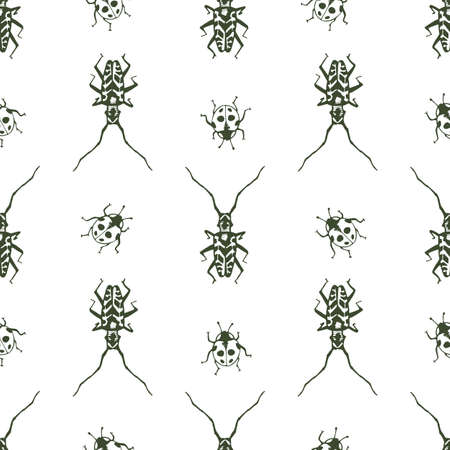 Vector seamless pattern with hand drawn beetle ladybug for print. Naturalness of nature, beautiful beetle, ecology. White and green colors. color backgroundのイラスト素材