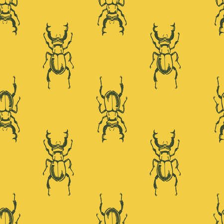 Vector seamless pattern with hand drawn stag beetle for print. Naturalness of nature, beautiful beetle, ecology. yellow and green color newのイラスト素材