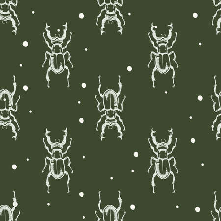 Vector seamless pattern with hand drawn stag beetle for print. Naturalness of nature, beautiful beetle, ecology. White and green color, backgroundのイラスト素材