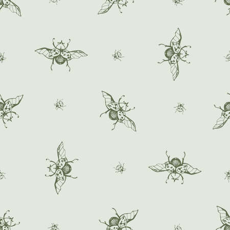 Vector seamless pattern with hand drawn Giraffe beetle and ladybug for print. Naturalness of nature, beautiful beetle, ecology. green colors backgroundのイラスト素材