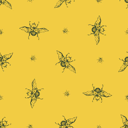 Vector seamless pattern with hand drawn Giraffe beetle and ladybug for print. Naturalness of nature, beautiful beetle, ecology. green and yellow colors backgroundのイラスト素材