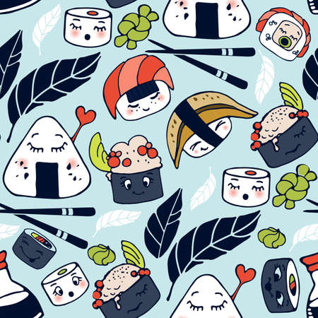 Various kawaii Sushi, rolls, nigiri. Hand drawn colored vector set. Japanese cartoon style. trendy illustration. All elements are isolated backgroundのイラスト素材