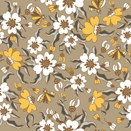 Modern floral pattern, large flowers and butterflies. Seamless pattern. Modern design for paper, cover, fabric, decor, print. Beige background pastel colors: gray beige, brown, pinkのイラスト素材
