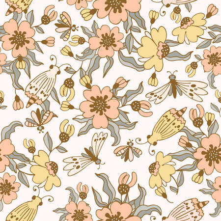 Modern floral pattern, large flowers, and butterflies. Seamless pattern. Modern design for paper, cover, fabric, decor, print. On an isolated white background pastel colorsのイラスト素材
