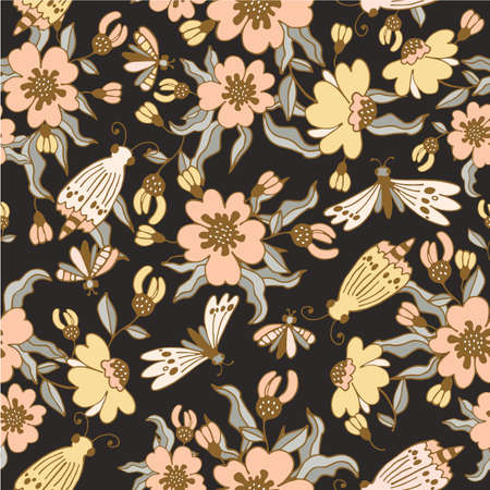 Modern vector floral pattern, large flowers and butterflies. Seamless pattern. Modern design for paper, cover, fabric, decor, print. Dark brown tones: yellow flowers, gray beige, brown, pinkのイラスト素材