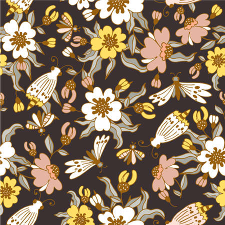Modern vector floral pattern, large flowers and butterflies. Seamless pattern. Modern design for paper, cover, fabric, decor, print. Dark brown tones: yellow flowers, gray beige, brown, pinkのイラスト素材