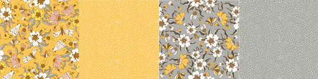 Modern floral pattern, large flowers and butterflies, polka dot pattern, small spots. Seamless...