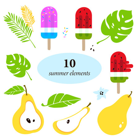 Set of elements on the theme of summer, tropics, ice cream. Yellow pears and inflorescences, green leaves, watermelon ice cream and tropical leaves. Vector illustration isolated on white.のイラスト素材