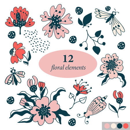 Set of vector elements on the theme of summer, flowers, butterflies, leaves. Vector illustration on a white isolated background. botanical print. Doodle leak. four colors: red, green, red, pink.のイラスト素材