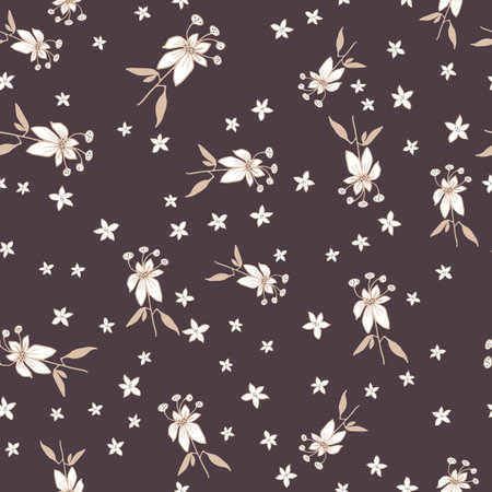 Vintage floral pattern. Seamless pattern with small white flowers on a twig, various foliage on a brown background. Botanical print with autumn mood. Vector.のイラスト素材
