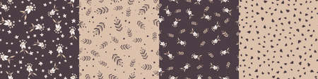 Modern floral pattern, small flowers, leaves. On a dark and yellow background.Seamless vector pattern set. Modern design for paper, cover, fabric, decor, print. Modern design for paper, coverのイラスト素材