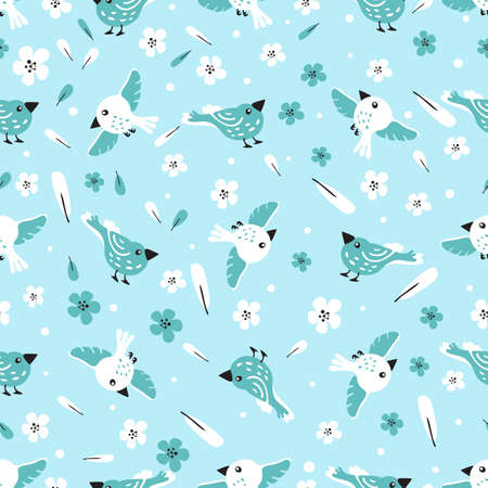 Modern floral pattern, flowers, feathers and birds in blue and light colors. Seamless pattern. Modern design for paper, cover, fabric, decor, print. On an isolated white background pastelのイラスト素材