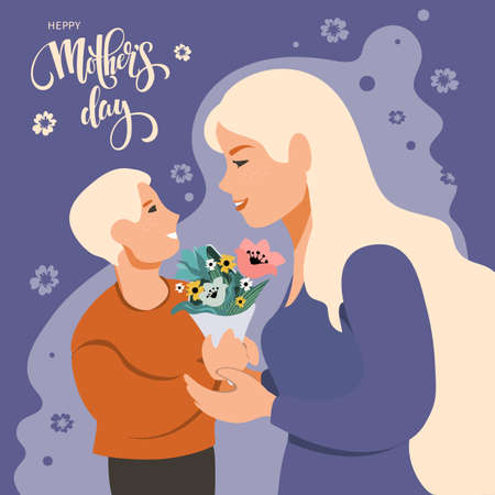 happy mothers day card. Vector templates with women and children boy. Son gives flowers. Design element for card, poster, banner, and other use print.のイラスト素材