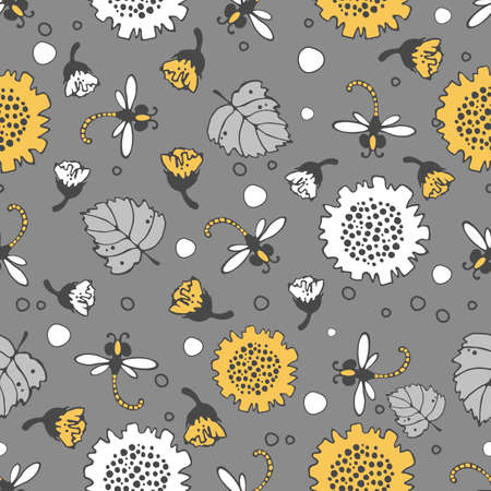 floral pattern. Seamless vector pattern with bees and dragonflies, small buds on a branch, varied foliage. Botanical print with autumn mood. Vector printing of fabrics and polygraphy productsのイラスト素材