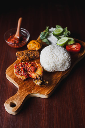 Ayam Penyet or Smashed Fried Chicken is authentic recipe from Indonesia. Served with rice, tofu, tempe, tomatos, lettuce, cucumbar and chilli sauce on cutting boardの写真素材