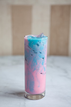 Mixed Blue Lagoon and Strawberry milkshake served with ice cube on glass on white table.の写真素材