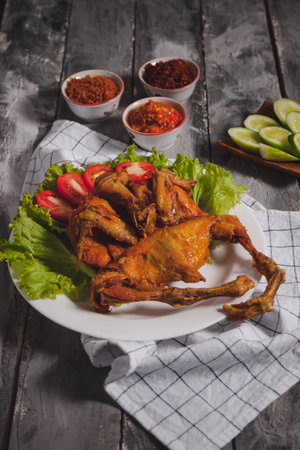 Top view of Bakakak Hayam or Ayam Bekakak or Grilled Whole Chicken with seasonings plus soy sauce, a dish from West Java and Jakarta, Indonesia. Usually served to brides at weddingの写真素材