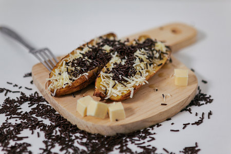 Grilled Banana Chocolate Cheese serve with chocolate sprinkles and cheddar cheese graters on wooden...
