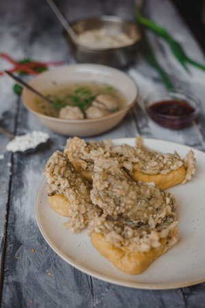 Batagor or abbreviated from Bakso Tahu Goreng, Sundanese and Indonesian: "fried bakso and tofu is a Sundanese dish from Indonesia, and popular in Southeast Asia.の写真素材