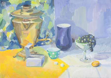 Hand drawn painting still life with samovarの写真素材